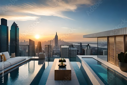 A luxurious penthouse suite overlooking a sparkling city skyline © MuhammadAshir