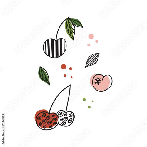 Flat vector icon of appetizing cherries. Abstract Sliced fruits, Abstract flat stickers, emblems and labels for orange fresh juice. Graphic design editable for your design. Isolated. EPS 10.