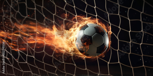 fireball breaks through the football goal net, game and sports theme, victory theme, fireball. Generative AI 