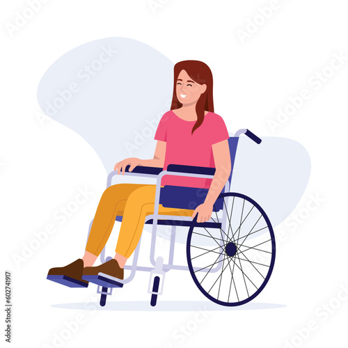 Vector illustration of a cute girl in a wheelchair. Cartoon scene with a beautiful, smiling girl sitting in a wheelchair isolated on a white background. Physical disabilities.