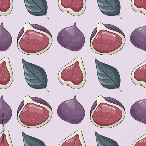 Seamless pattern with figs and leaves on the light purple background. Vector illustration