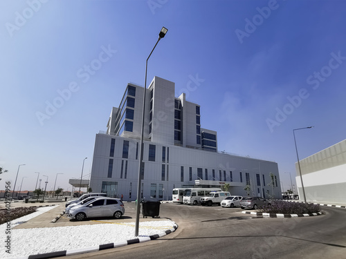 Exterior full view at the public Camama Mother and Child Hospital "Pedro Azancote de Menezes", newly built for expectant mothers, maternity, obstetrics and gynecology, in Camama, Luanda, Angola