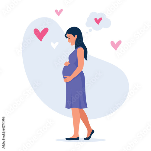 Vector illustration of a beautiful, smiling pregnant woman holding her belly. Cartoon scene with a happy pregnant woman expecting a baby and hearts isolated on a white background. Future mother.