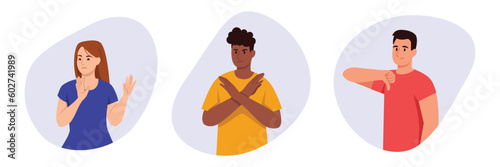 Vector illustration of different negative hand gestures. Cartoon scene with a girl and boys showing gestures of stop, refusal, dislike isolated on a white background. People show disagreement. photo