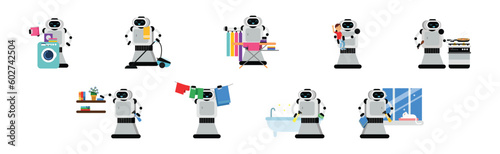 Domestic Robot for Automation Household Help Housekeeping Vector Set