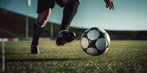 football game, football player kicks the ball, game and sport theme, horizontal photography. Generative AI  © 22_monkeyzzz