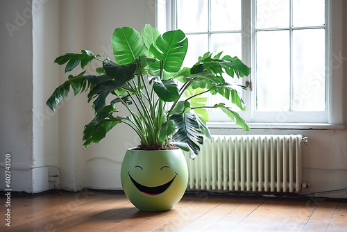 Zimmerpflanze im lachenden Blumentopf KI photo