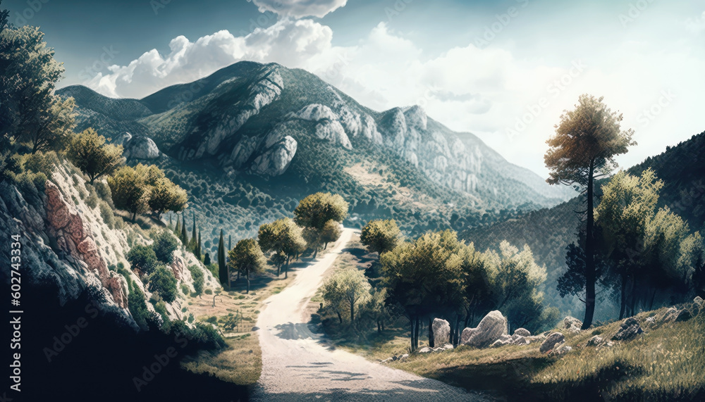 Empty road between rocky hills with trees against large mountain AI generated content. Highland landscape on sunny day digital illustration