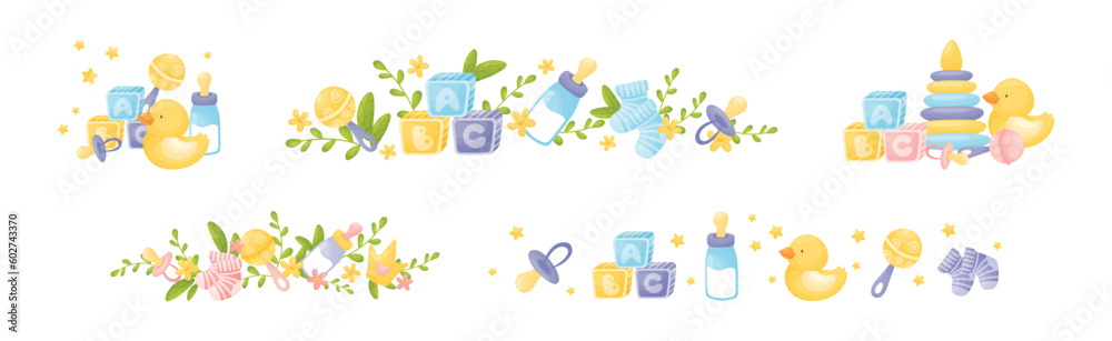 Newborn and Baby Accessories Arranged in Sweet Composition with Floral Elements Vector Set