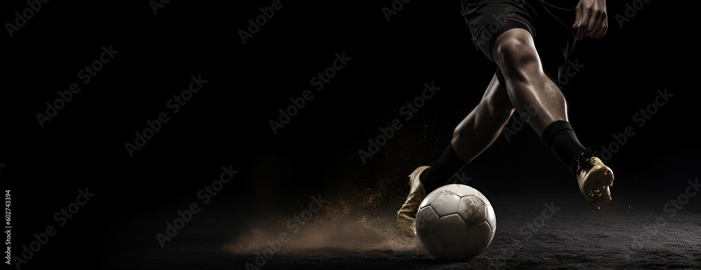 football game, football player kicks the ball, game and sport theme, horizontal photography, banner.  Generative AI
