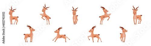 African Wild Gazelle with Long Horns and Hoofs Vector Set