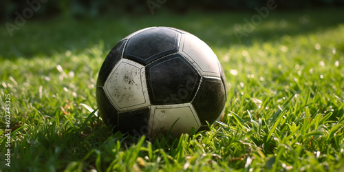 Soccer ball on green grass close up  game and sport theme. Soccer ball in the sun. Generative AI