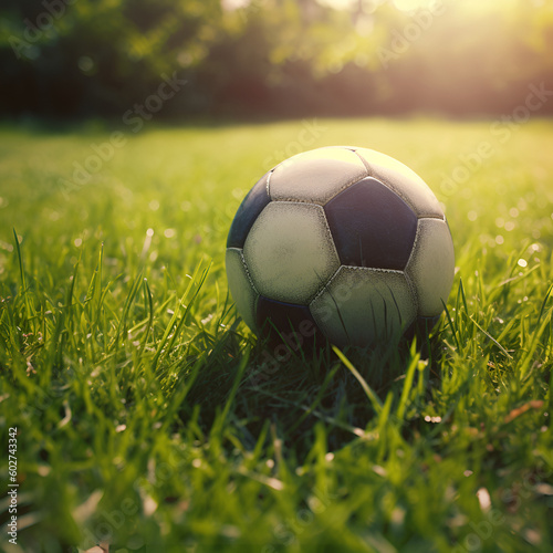 Soccer ball on green grass close up, game and sport theme. Soccer ball in the sun. Generative AI © 22_monkeyzzz
