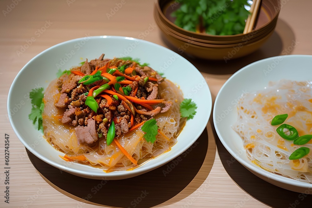 Rice noodles with spicy pork sauce.traditional Lanna dishe - generative ai Rice noodles with spicy pork sauce.traditional Lanna dishe - generative ai