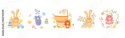 Fototapeta Naklejka Na Ścianę i Meble -  Newborn and Baby Accessories Arranged in Sweet Composition with Floral Elements Vector Set