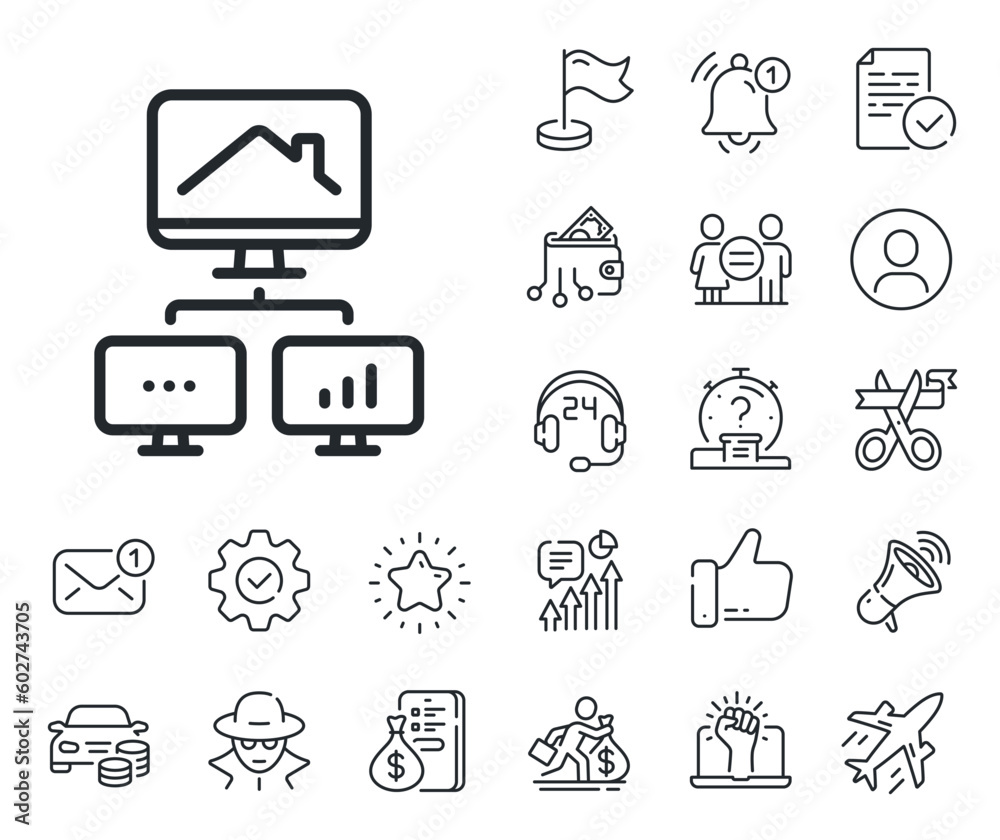 Outsource job sign. Salaryman, gender equality and alert bell outline icons. Work at home line icon. Remote office symbol. Work home line sign. Spy or profile placeholder icon. Vector Outsource job sign. Salaryman, gender equality and alert bell outline icons. Work at home line icon. Remote office symbol. Work home line sign. Spy or profile placeholder icon. Vector