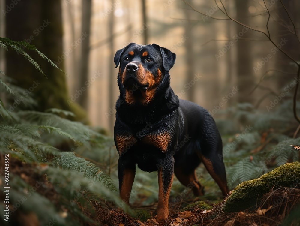 The Rottweiler's Power on Display in a Forest