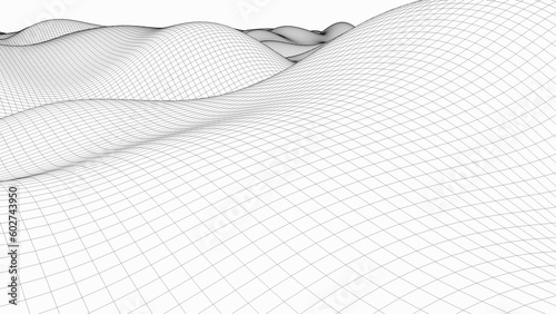 Wavy wireframe with black lines, liquid surface imitation, 3d render computer generated backdrop