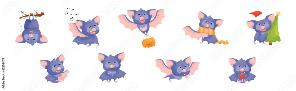 Funny Purple Bat Character Engaged in Different Activity Vector Set