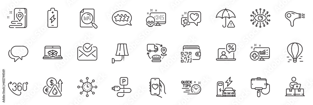 Icons pack as Charging station, Online delivery and Charging parking line icons for app include Medical analytics, 360 degree, Risk management outline thin icon web set. Hair dryer. Vector