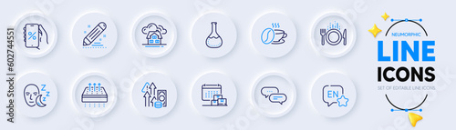 Delivery calendar, Inflation and Dots message line icons for web app. Pack of Discounts app, English, Coffee cup pictogram icons. Building, Food, Chemistry lab signs. Breathable mattress. Vector