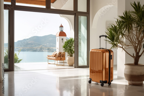 A vacation travel suitcase in a luxury holiday villa. Generative ai photo