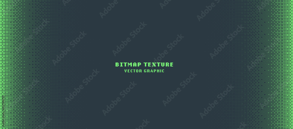 Dither Pattern Bitmap Texture Halftone Gradient Vector Wide Abstract Background. Glitch Screen With Flicker Pixels Effect Panoramic Backdrop. 8 Bit Pixel Art Retro Video Arcade Game Green Abstraction - obrazy, fototapety, plakaty 