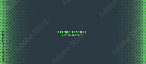 Dither Pattern Bitmap Texture Halftone Gradient Vector Wide Abstract Background. Glitch Screen With Flicker Pixels Effect Panoramic Backdrop. 8 Bit Pixel Art Retro Video Arcade Game Green Abstraction