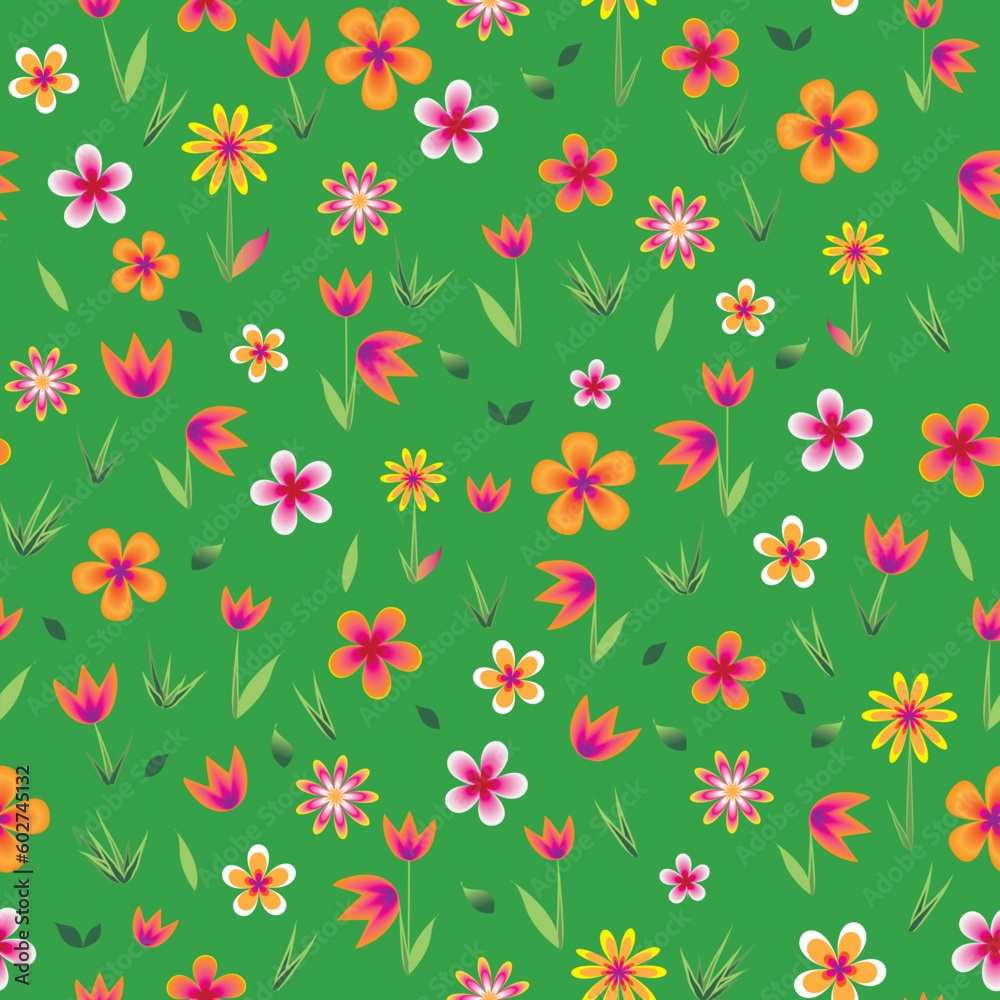 Green bright meadow with colorful flowers seamless vector pattern. Happy day, blooming meadow pattern.