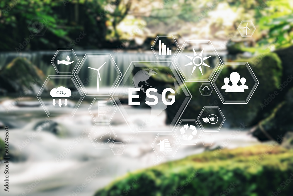 ESG icons concept. Environment, society and governance. Green sunny blurred river background. - obrazy, fototapety, plakaty 