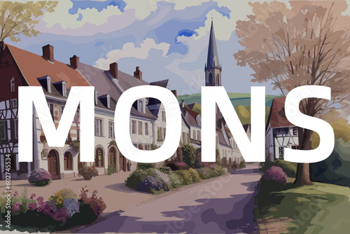 Mons: Beautiful painting of an Belgian village with the name Mons in Wallonia