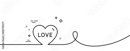 Love line icon. Continuous one line with curl. Sweet heart sign. Valentine day symbol. Love single outline ribbon. Loop curve pattern. Vector