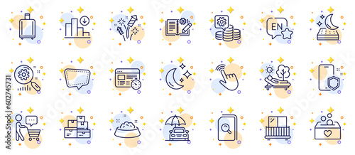 Outline set of Fireworks rocket, Baggage reclaim and Chat message line icons for web app. Include Balcony, Engineering documentation, Web timer pictogram icons. Wholesale goods. Vector
