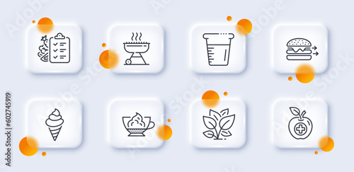 Leaf, Ice cream and Medical food line icons pack. 3d glass buttons with blurred circles. Espresso cream, Food delivery, Grill web icon. Cooking beaker, Diet menu pictogram. Vector