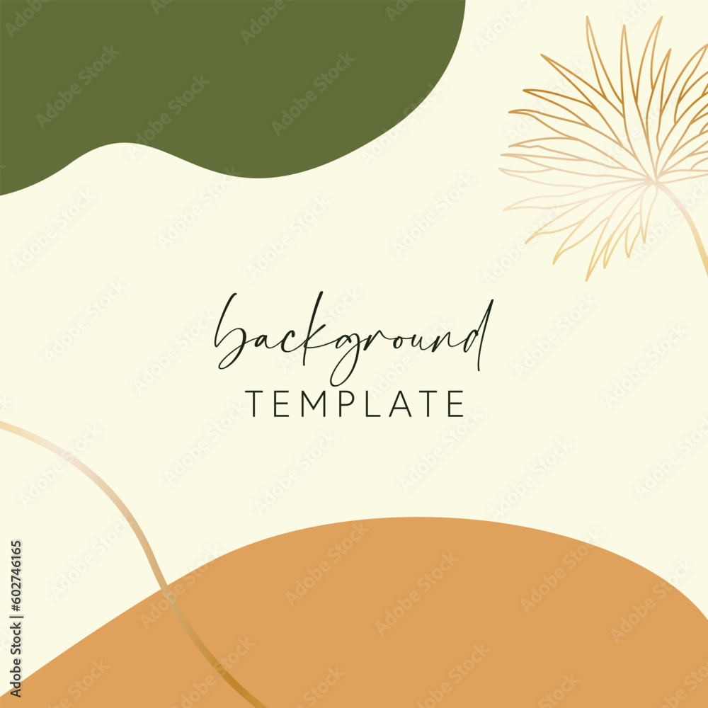 Abstract background vector template with geometric shapes and tropical leaf. Good for social media posts, mobile apps, banner designs, online promotions and adverts. Tropical vector background.