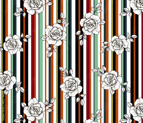 Black and white roses design pattern on colorful vertical lines.