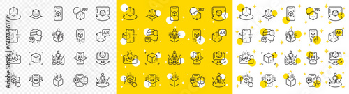 VR simulation, Panorama view, 360 degree. Augmented reality line icons. Virtual reality gaming, augmented, full rotation arrows icons. 360 vr tour, virtual simulation device. Vector