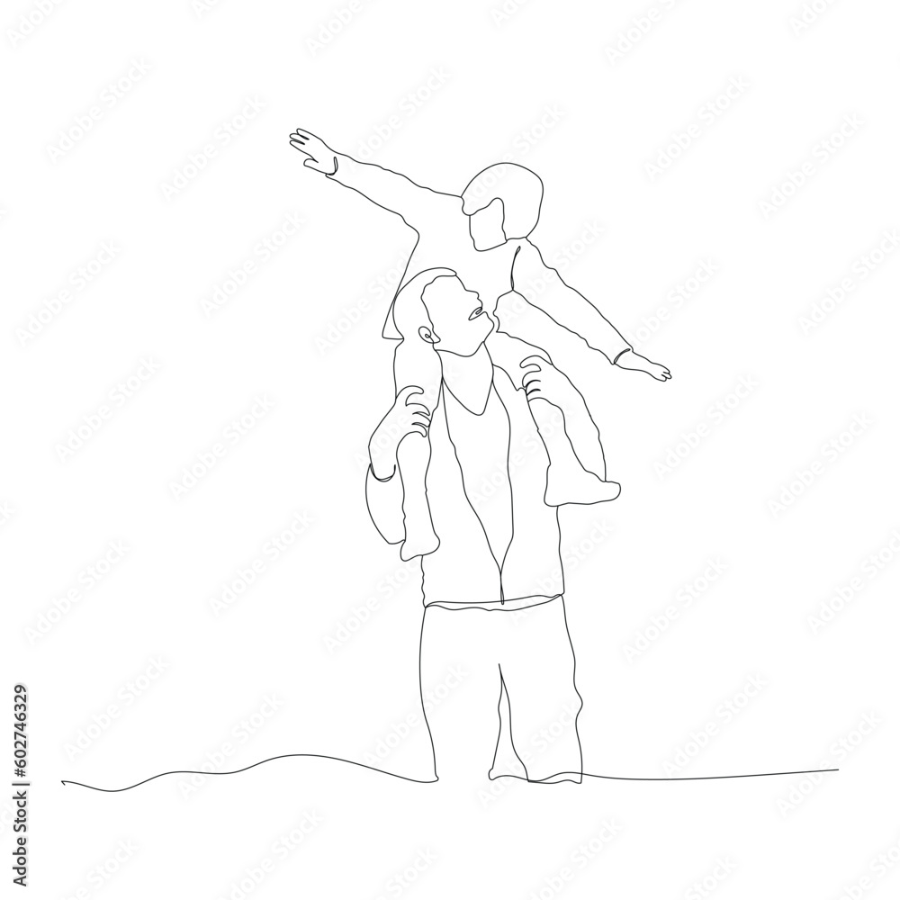 son sit on her father's shoulder continuous line drawing vector. happy father and son line art 
 drawing. Father's Day line art. Fatherhood concept line art.