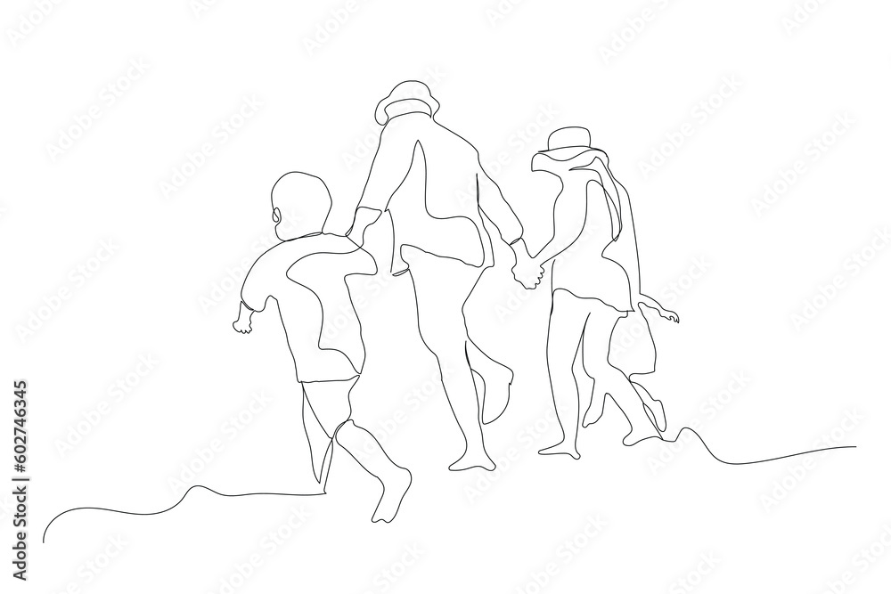 Happy family father, mother, son and daughter having fun continuous line drawing. Happy family line art drawing. Happy family and vacations concept line art. 