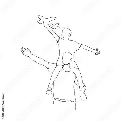 Dad holds his son and  launch a plane continuous line drawing. father and son line art vector. Father's Day line art. Fatherhood concept line art. single line art.