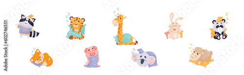 Cute Sleepy Animals Yawning and Sleeping in Nightcap with Pillow Vector Set