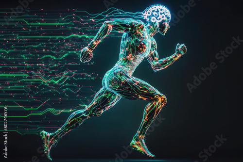 The man runs in motion. human brain and body. glowing Green lines. neural connections. artificial intelligence, cyberspace. AI Generative © Svetlana