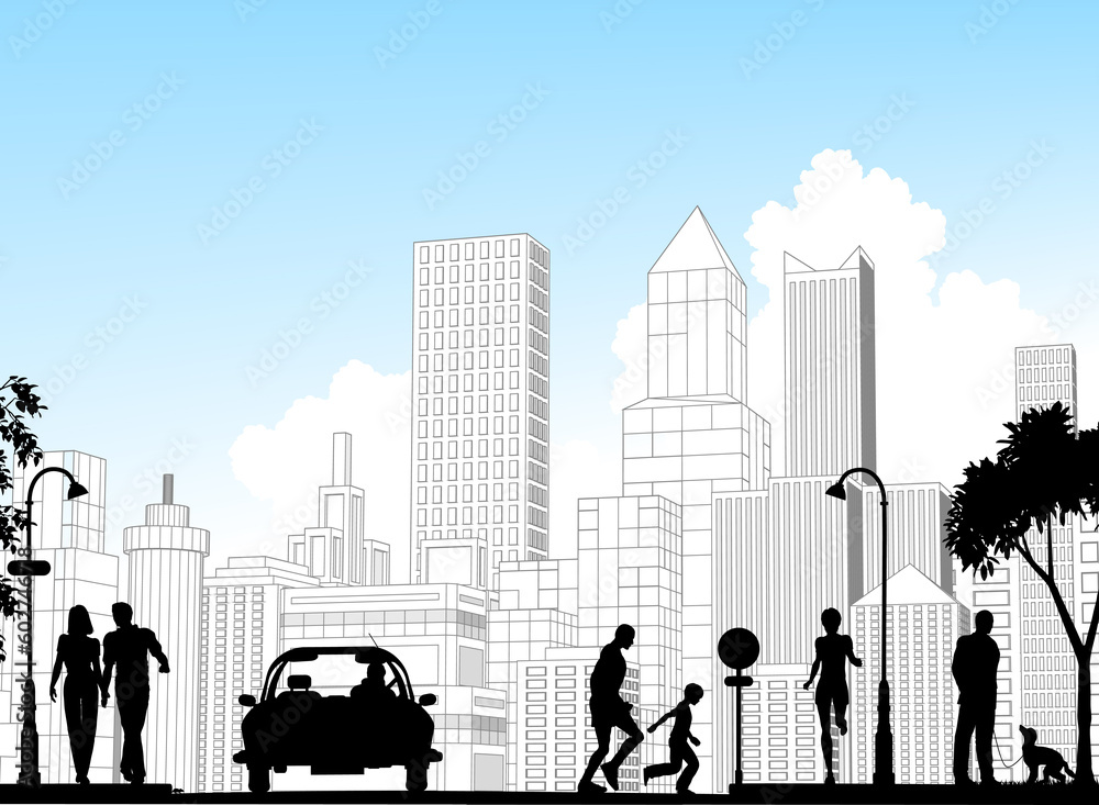 Editable vector silhouette of a busy street with city buildings as background; all silhouette elements as separate objects. Editable vector silhouette of a busy street with city buildings as background; all silhouette elements as separate objects.