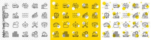 Outline Send box, Free delivery and Car key line icons pack for web with Charging station, Waves, Baby carriage line icon. Wholesale inventory, Open box, Diesel station pictogram icon. Vector