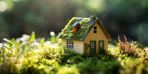Miniatur-Holzhaus im Fr  hling  mit Gras  Moos und Farnen an einem sonnigen Tag  Ein   kologisches und umweltfreundliches Wohnkonzept