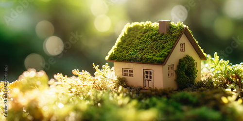 Miniatur-Holzhaus im Frühling, mit Gras, Moos und Farnen an einem sonnigen Tag: Ein ökologisches und umweltfreundliches Wohnkonzept