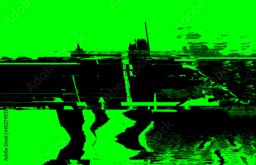 Fototapeta Naklejka Na Ścianę i Meble -  Technical Difficulties: Gritty Electric Matrix with Bright Green and Black Glitch Effect, Neon Light Trails, and Grunge Textures for Digital and Print Design