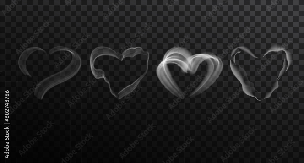 Fototapeta premium Set of smoke in heart shape. Vector illustration. Set of vector smoke isolated on transparent background