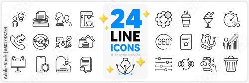 Icons set of Chess, Currency exchange and Filter line icons pack for app with Ice cream, Lawyer, Call center thin outline icon. Coffee maker, Delete file, Share call pictogram. Piano. Vector