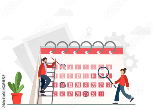 People planning schedule, planning business event at the calendar, organizing meeting., planning strategy and time management, flat vector illustration